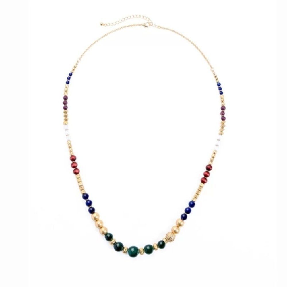 Beaded Wood Glass Gold Pendant Collar Necklace